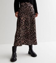 New Look Tall Brown Leopard Print Satin Midi Skirt